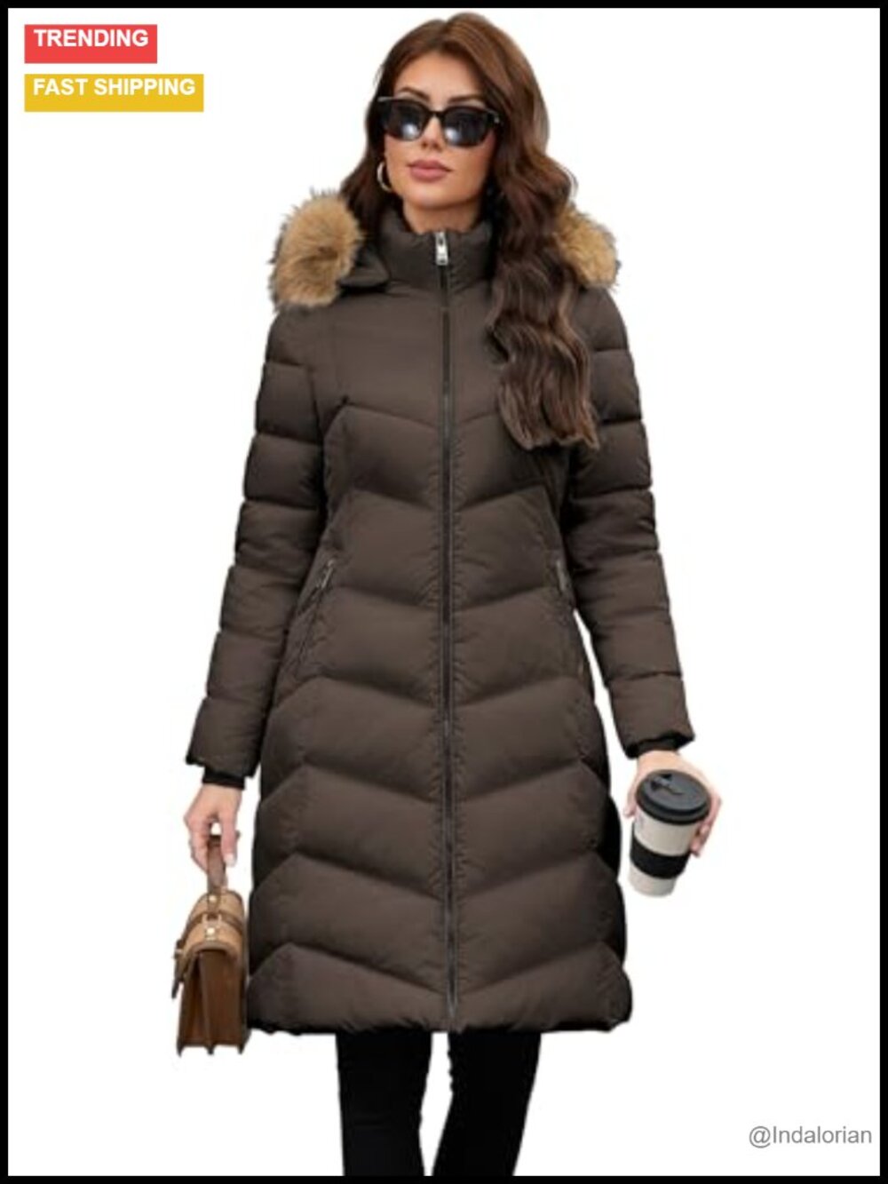Long Puffer Coat Detachable Faux Fur Collar Hood Winter Jacket